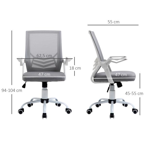 Cadeira de Escritório Ergonômica Giratória com Altura Ajustável Apoio para os Braços Dobrável Suporte Lombar e Encosto Transpirável 62,5x55x94 - 104 cm Cinza