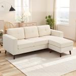Sofá Chaise Longue Reversível de 3 Lugares Estofado em Veludo Estrutura de Aço Para Salas Pequenas Creme