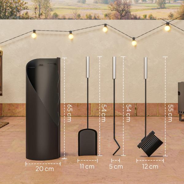Conjunto de Acessórios para Lareira de 4 Peças de Metal com Vassoura Pá Atiçador e Balde 20x20x65 cm Prateado