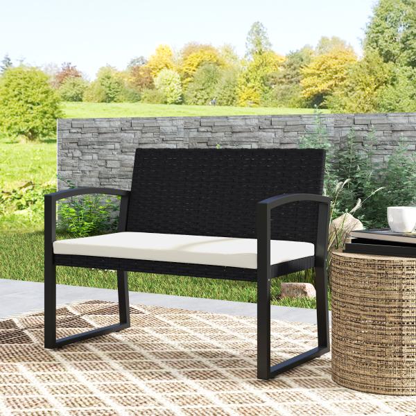 Banco de Jardim em Vime Sintético de 2 Lugares Banco de Exterior com Almofada 103x58x78 cm Preto e Bege