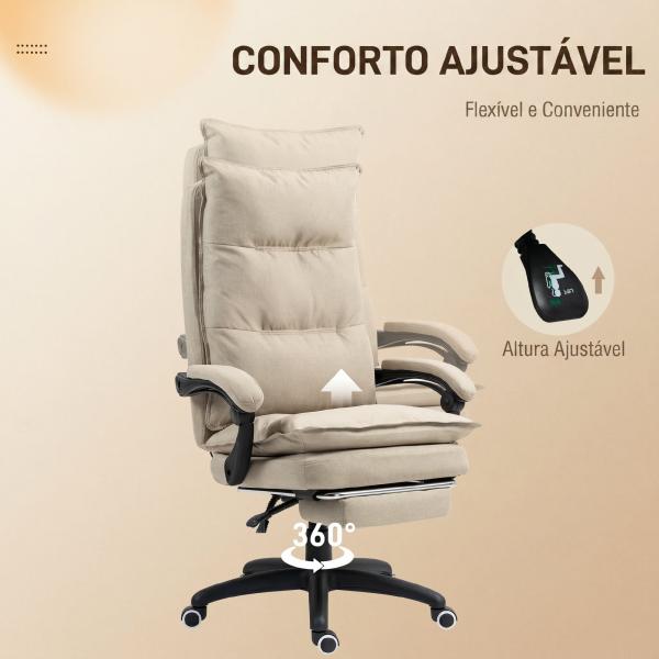 Cadeira de Secretária com Massagem, Altura Regulável, Encosto Reclinável, Apoio para os Pés, Giratória 360°, Bege