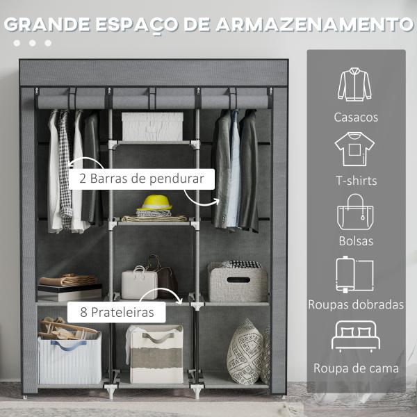 Roupeiro de Tecido Dobrável com 8 Prateleiras de Armazenamento e 2 Barras de Pendurar 125x43x162,5 cm Cinzento