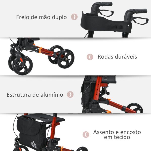 Andarilho para Idosos Dobrável em Alumínio com Assento 4 Rodas Altura Ajustável Travões de Mão Vermelho e Preto