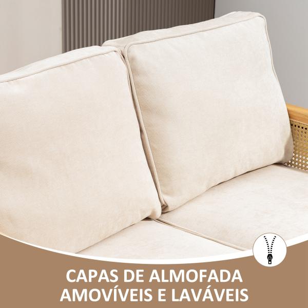 Sofá de 2 Lugares Estofado em Chenille com 2 Almofadas Laváveis e Apoio para os Braços em Vime Sintético 123x75x88 cm Bege