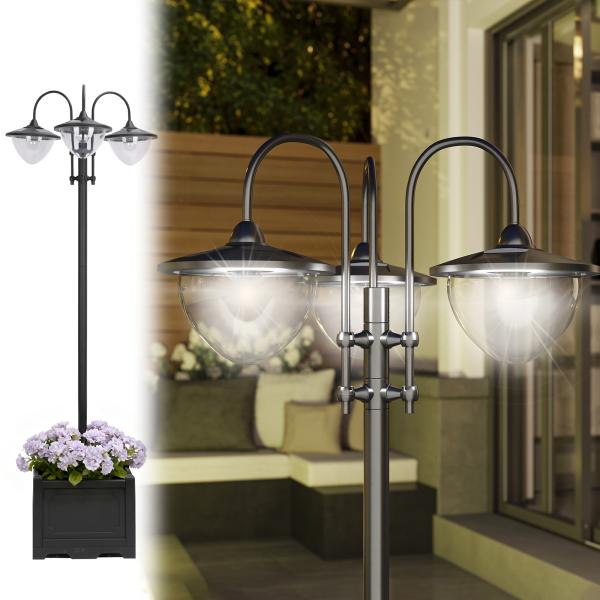 Candeeiro Solar de Jardim com 18 Luzes LED Branco Frio 6000K Impermeável IP44 Sensor de Noite e Base em Forma de Floreira Candeeiro de Exterior para Terraço Pátio 60x55x189cm Preto