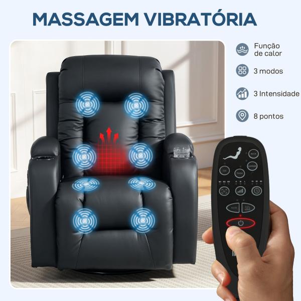 Poltrona de Massagem Reclinável até 145° com 8 Pontos de Massagem por Vibração Função de Aquecimento 82x99x103 cm Preto