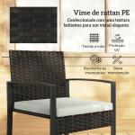 Conjunto de Móveis de Exterior de 3 Peças em Vime PE com Cadeiras Mesa de Vidro Temperado e Almofadas Marrom e Creme