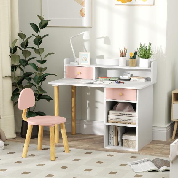 Conjunto de Secretária e Cadeira para Crianças Mesa de Estudo com Prateleiras e Gaveta Carga 80 kg 85x48x73 cm Rosa