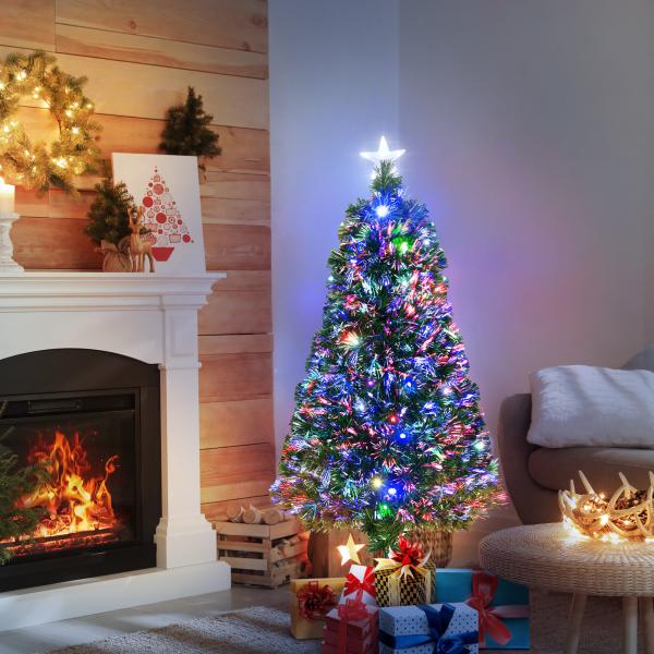 Árvore de Natal 120 cm Árvore de Natal Artificial com 130 Ramos 16 Luzes LED e Fibra Óptica Ø60x120 cm Verde