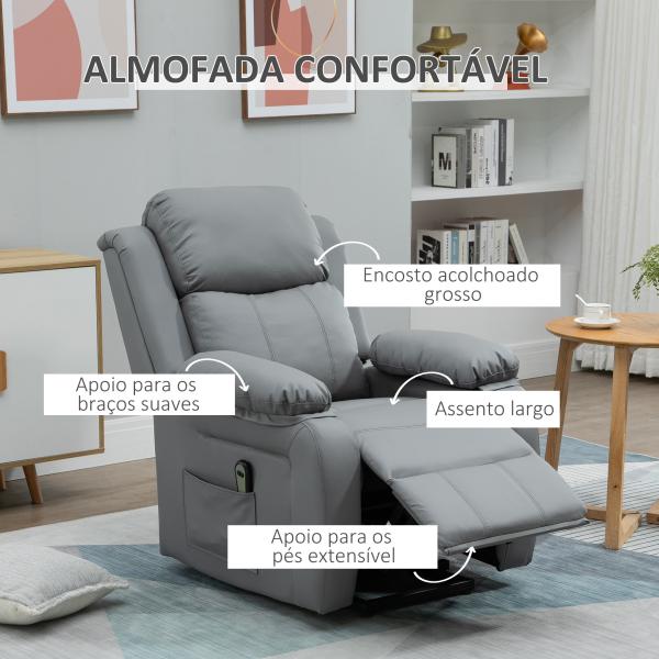 Poltrona Relax Levanta Pessoas com Controle Remoto Reclinação Elétrica de 160° Apoio para os Pés Encosto Estofado em PU e Bolsos Laterais 76x90x105 cm Cinza