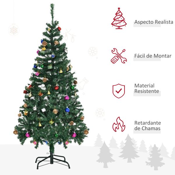 Árvore de Natal Artificial 150cm Ignífugo com 420 Ramos 48 Decorações Folhas de PVC e Suporte Metálico Verde