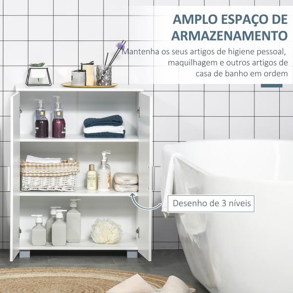 kleanklin Armário de Casa de Banho com 2 Portas e 2 Prateleiras Ajustáveis em 7 Níveis Móvel Auxiliar de Armazenamento para Sala de Estar Cozinha 60x30x80cm Branco