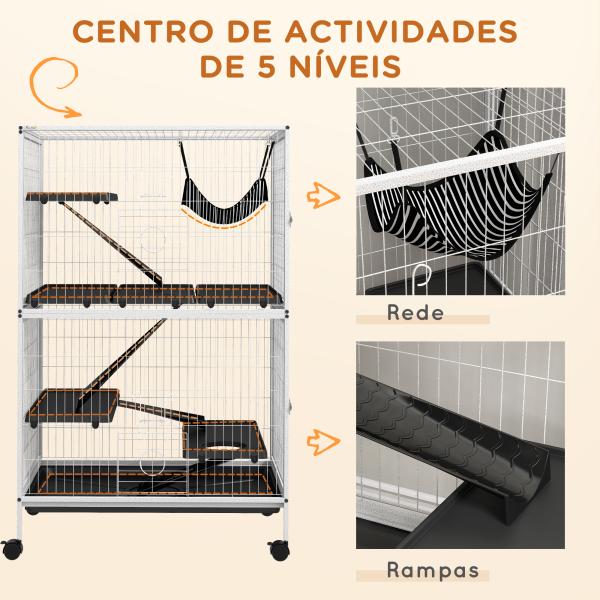 Gaiola para Roedores 80x52x128 cm Casa de 4 Alturas com Rampas Suspensa Rede Bandeja Removível Rodas Branco Rajado e Preto