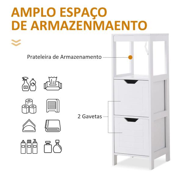Armário de banheiro com prateleira aberta 2 gavetas 30x30x89 cm Branco
