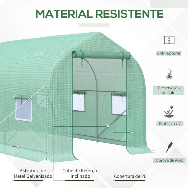 Estufa Tipo Túnel 400x200x200cm Estufa de Jardim com 6 Janelas Transpiráveis e Portas Enrolável com Zíper para Cultivo de Plantas e Verduras Verde
