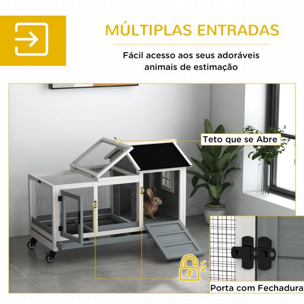 Coelheira de Madeira com Rodas para 1 - 2 Coelhos com Teto Abatível Bandeja Amovível 108x58x73,5 cm Cinza e Branco