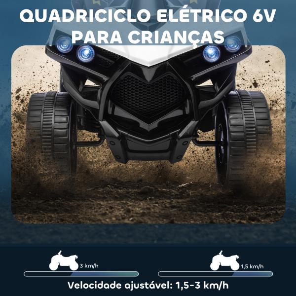 Quad Elétrico Infantil 6V Quad para Crianças dos 37 aos 72 Meses Velocidade até 3 km/h Faróis e Música 70x42x45 cm Branco