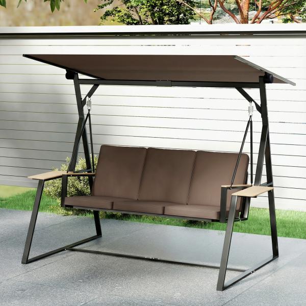 Baloiço de Jardim de 3 Lugares com Teto Ajustável UPF50+ 2 Bandejas Almofadas e Estrutura em Metal 222x131x175 cm Marrom