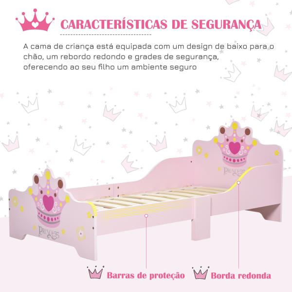 Cama Infantil +3 Anos 143x73x60 cm com Estampado Coroa Carga 50 kg para Quarto Rosa
