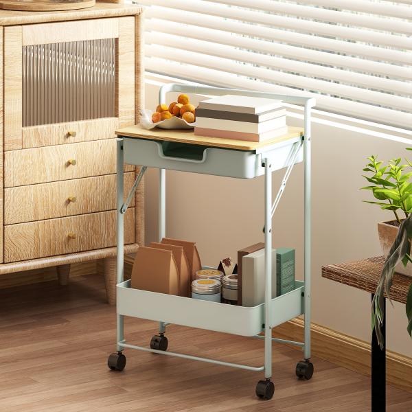 Carrinho Auxiliar com Rodas de 2 Níveis Carrinho de Cozinha com 1 Gaveta e 1 Cesto Carrinho Organizador 45x29,5x68 cm Verde Claro