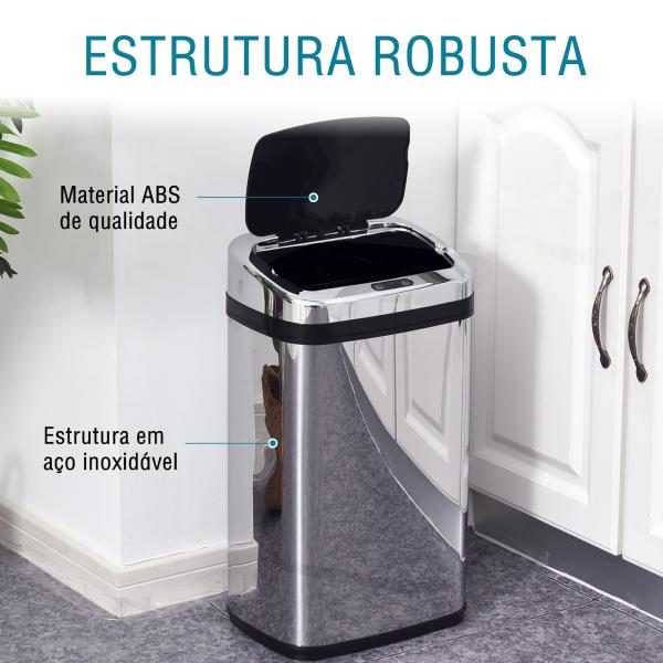 Balde de Lixo Inteligente de Aço Inoxidável 30L com Sensor Infravermelho de Abertura Automática 33x25x58 cm Prata e Preto