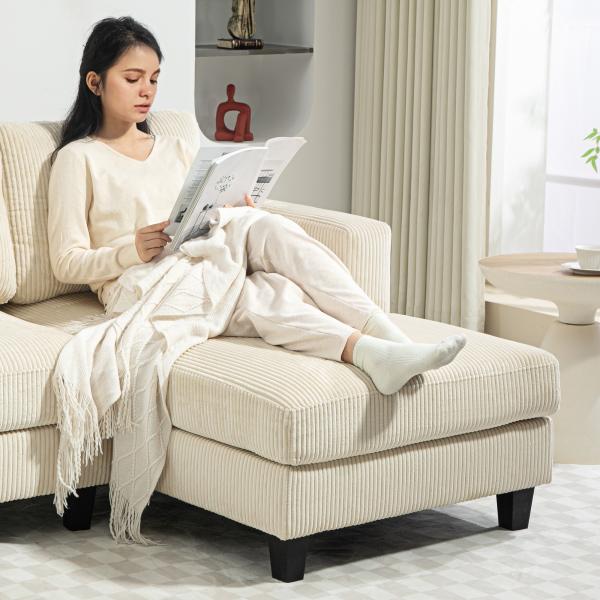 Sofá Chaise Longue de 3 Lugares em L Estofado em Veludo Assento e Encosto Almofadados 214x134x87 cm Bege
