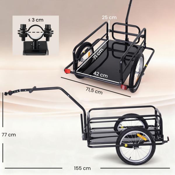 Reboque de Carga para Bicicleta Carrinho Dobrável para Bicicleta com 2 Rodas Refletores Carga 40 kg 155x71,5x77 cm Preto