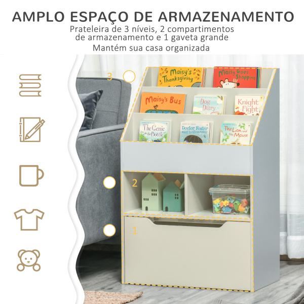 Estante de Madeira para Brinquedos com 3 Compartimentos 2 Prateleiras e Gaveta Móvel com 4 Rodas 60x29,9x90cm Cinza