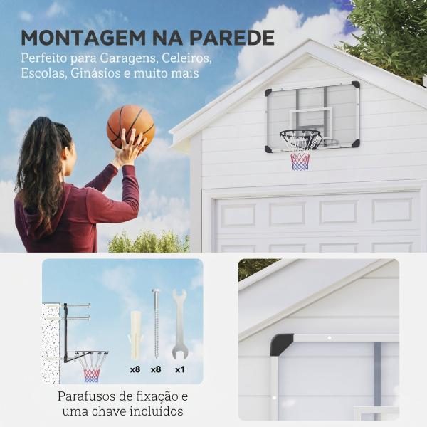 Tabela de Basquetebol de Parede com Aro, Rede e Estrutura em Aço para Exterior, 113x61x73 cm, Branco e Preto