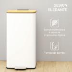 Balde de Lixo de Cozinha com Pedal 20L Tampa de Bambu com Fecho Suave 29,5x29,5x56,8 cm Branco e Madeira