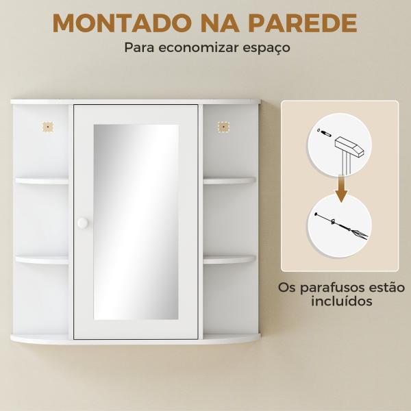 Armário de Casa de Banho com Espelho, Armário de Parede com Porta, Prateleiras Abertas, Móvel Suspenso para Cozinha, Sala, 66x17x63 cm, Branco