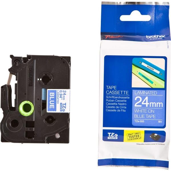 Fita Laminada TZe - 555 Branco Sobre Azul (8 mts/2,4cm) - BROTHER