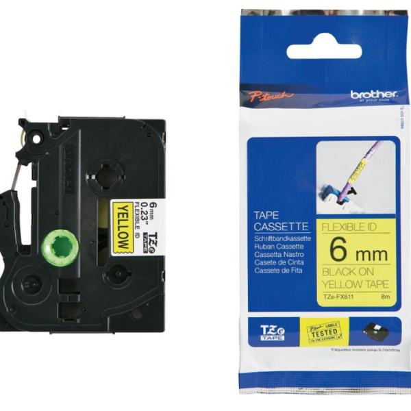 Fita Laminada Flexível TZe - FX611 Preto Sobre Amarelo (8 mts/0,6cm) - BROTHER