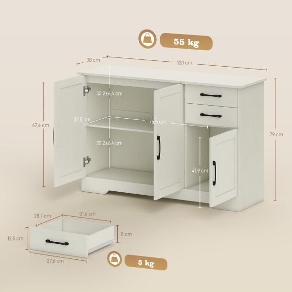 Aparador com 3 Portas Moderno para Sala de Estar com 2 Gavetas Prateleira Ajustável 120x38x79 cm Branco com Efeito Madeira