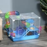 Gaiola para Hamster, Casa para Hamster com Túnel, Comedouro, Bebedouro, Casinha, Rampa, Roda de Exercício, Plataforma e Alça, Bandeja Removível, para Ratos e Gerbos, 46x30x37 cm, Azul