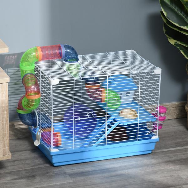 Gaiola para Hamster, Casa para Hamster com Túnel, Comedouro, Bebedouro, Casinha, Rampa, Roda de Exercício, Plataforma e Alça, Bandeja Removível, para Ratos e Gerbos, 46x30x37 cm, Azul