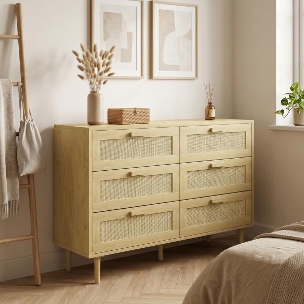 Cómoda para Quarto com 6 Gavetas e Frontal de Vime Pés de Madeira Estilo Bohemio 110x40x75 cm Madeira