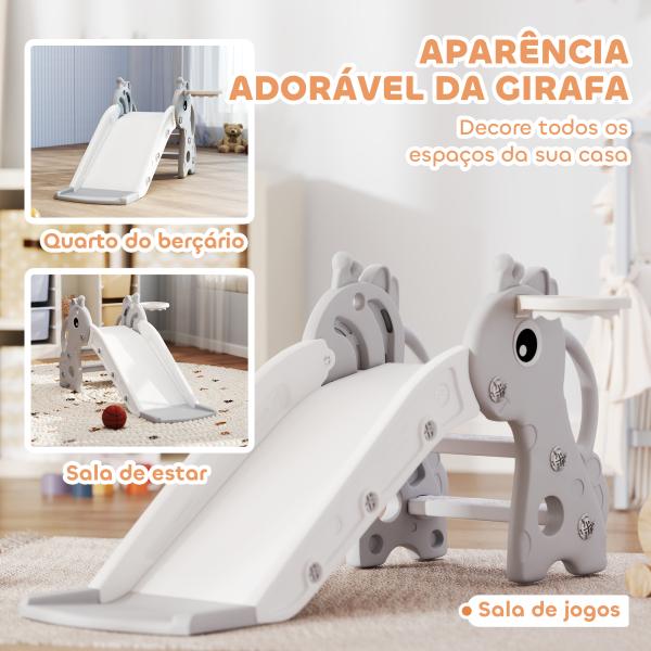 Escorrega para Crianças 3 em 1 com Escada Tabela de Basquetebol e Desenho de Girafa 106x51,5x52 cm Cinzento