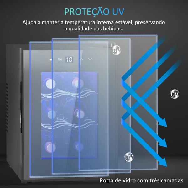 Cave de Vinho para 6 Garrafas com Luz LED Ecrã Tátil Controlo de Temperatura e 2 Prateleiras Ajustáveis 26,5x51,5x39,3 cm Preto