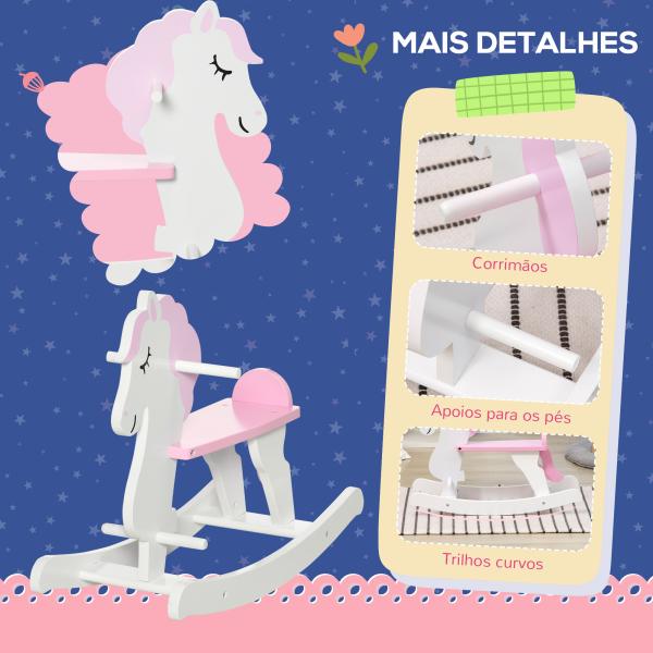 Cavalo Baloiço para Crianças de 1 - 3 Anos Cavalo Baloiço de Madeira com Guiador e Apoio para os Pés 68x27x46,5cm Branco e Rosa