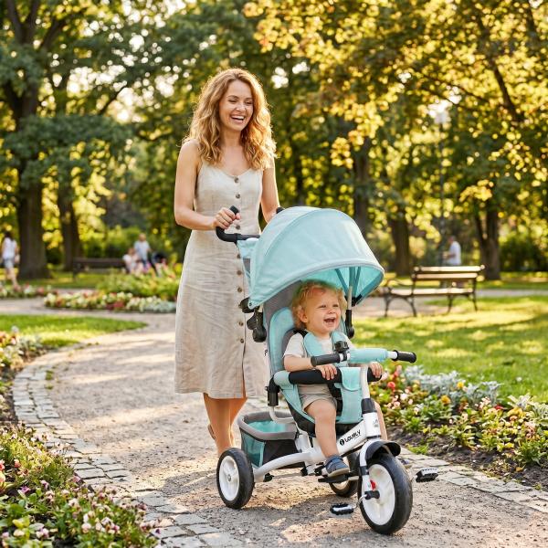Triciclo para Bebés 2 em 1 de +12 Meses com Capota Dobrável Guiador Telescópico e Removível Bolsa e Porta - Garrafas Verde Água