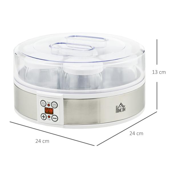 Iogurteira 20W Capacidade 1,26L com 7 Frascos de Cristal de 180 ml Termóstato Ajustável Temporizador de 1 - 48 horas 24x24x13 cm Branco