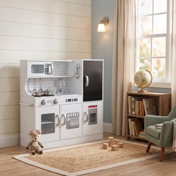 Cozinha de Brincar para Crianças Cozinha Infantil de Madeira com Acessórios Máquina de Gelo e Ardósia 83,8x26,8x81 cm Branco