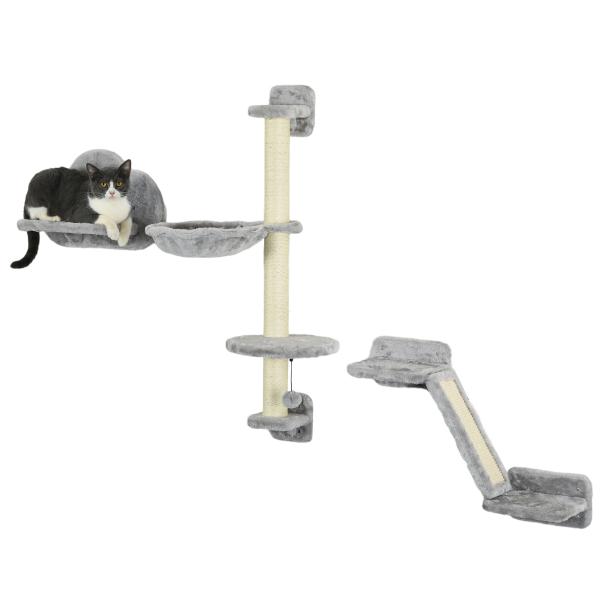 Conjunto de Prateleiras de Escalada para Gatos de 3 Peças com Rede Rampa Arranhador Plataforma em Forma de Nuvem para Saltar Cinzento