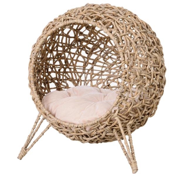 Cama para Gatos em Vime Sintético com Base de Tripé Almofada com Pelúcia e Algodão Suave Desenho Elevado Ø52x58 cm Madeira