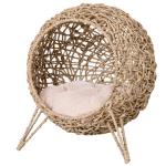Cama para Gatos em Vime Sintético com Base de Tripé Almofada com Pelúcia e Algodão Suave Desenho Elevado Ø52x58 cm Madeira