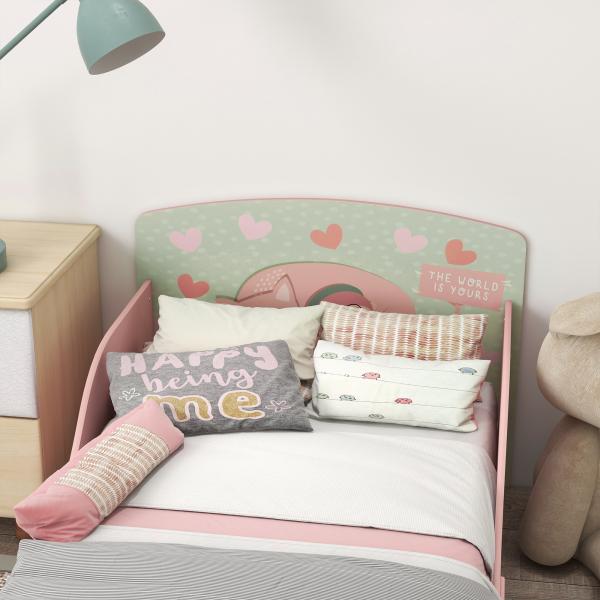 Cama para Crianças de Madeira com Barreira de Proteção e Estampados Carga Máx. 40 kg 143x77x60 cm Rosa