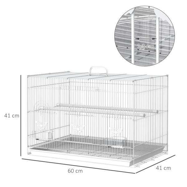 Gaiola para pássaros 60x41x41cm Aviário com 2 poleiros e 3 portas para pássaros pequenos Canários Papagaios de metal branco