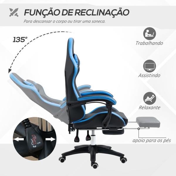 Cadeira Gaming Cadeira Gamer de Pele PU Reclinável 135° Apoio para a Cabeça e Apoio para os Pés 65x65x121 - 129 cm Preto e Azul