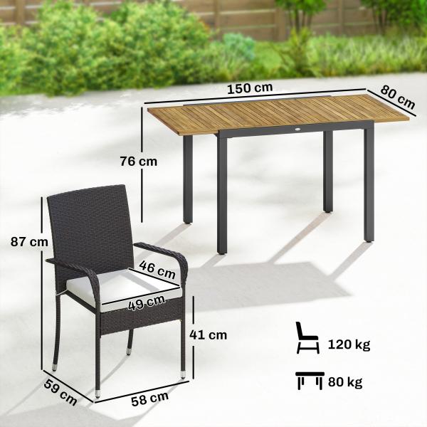 Conjunto de Mesa e Cadeiras de Jardim em Vime 7 Peças com Mesa Extensível em Madeira e 6 Cadeiras Empilháveis Creme